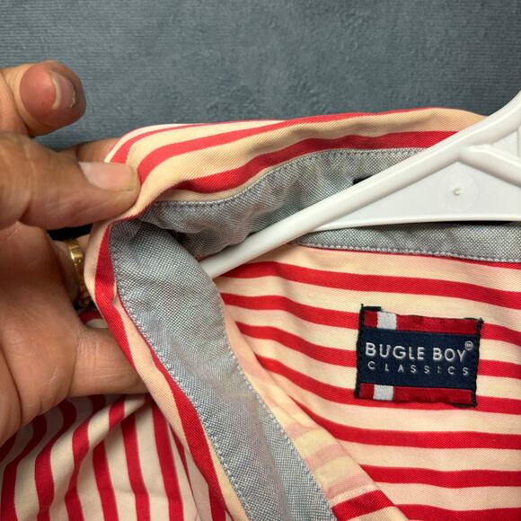 Vintage 90s Bugle Boy Shirt Train Conductor Stripes Logo Embroidered Grunge Y2K - Picture 9 of 11